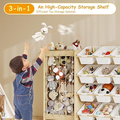 Large Toy Storage Organizer, Wooden Stuffed Animal Storage & 12-Bins Toy Organizer, Double-Sided Plush Toy Holder Featuring Thicker Ropes, Space Save Playroom Nursery Bedroom Storage, White
