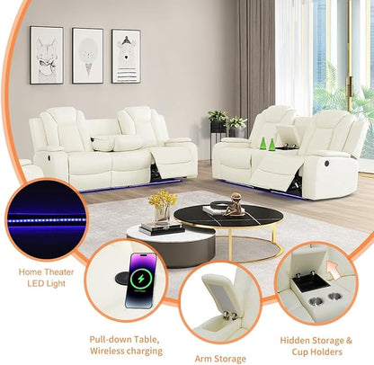 Power Reclining Sofa Couch Set with Drop-Down Table, 3PC Creamy White Leather Recliner Couch Sets, Living Room Furniture Sets, Recliner Sofa with Storage Console/Cup Holder for Home/Apt/Office