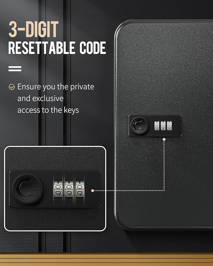 Uniclife 48 Position Key Cabinet with Combination Lock Resettable Black Digital Security Storage Box Steel Key Organizer with Colorful Key Tag Labels Stickers and Hooks