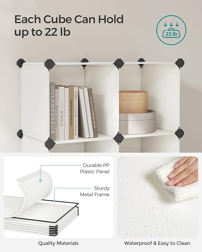 SONGMICS Cube Storage Organizer, Set of 16 Plastic Cubes, Book Shelf, Closet Organizers and Storage, Room Organization, Bedroom Living Room, 12.2 x 48.4 x 48.4 Inches, Cream White ULPC442M01