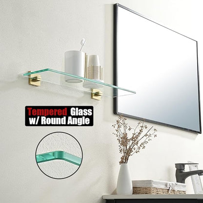 JQK Bathroom Glass Shelf, Floating Tempered Glass Shower Storage 24 by 5 inches, 304 Stainless Steel Brushed Gold Wall Mount, TGS201L24-BG