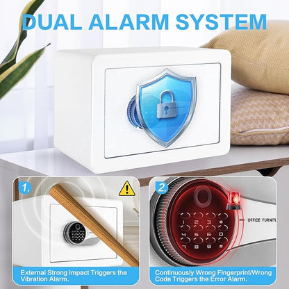 0.6 Cubic Feet Biometric Safe, Fingerprint Safe W/Fireproof Bag, Removable Shelf, Alarm System, Digital Electronic Money Box for Cash, Document, Home, Hotel Use, White, 9.84"D x 13.78"W x 9.84"H