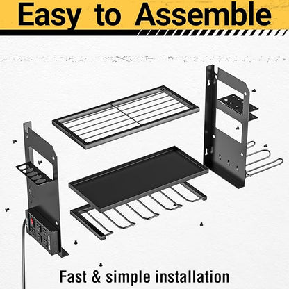YYR Power Tool Organizer Wall Mount with Charging Station, Cordless Tools Hanger and Battery Storage Rack for Garage Organization, Heavy Duty Drill Holder Shelf Build in Metal Power Strip - Black