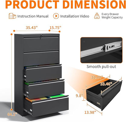 5 Drawer Lateral File Cabinet with Lock,Heavy Duty Large Metal Filing Cabinet Home Office Horizontal File Cabinets Wide Steel Cabinet for Legal/Letter Size File,Assembly Required
