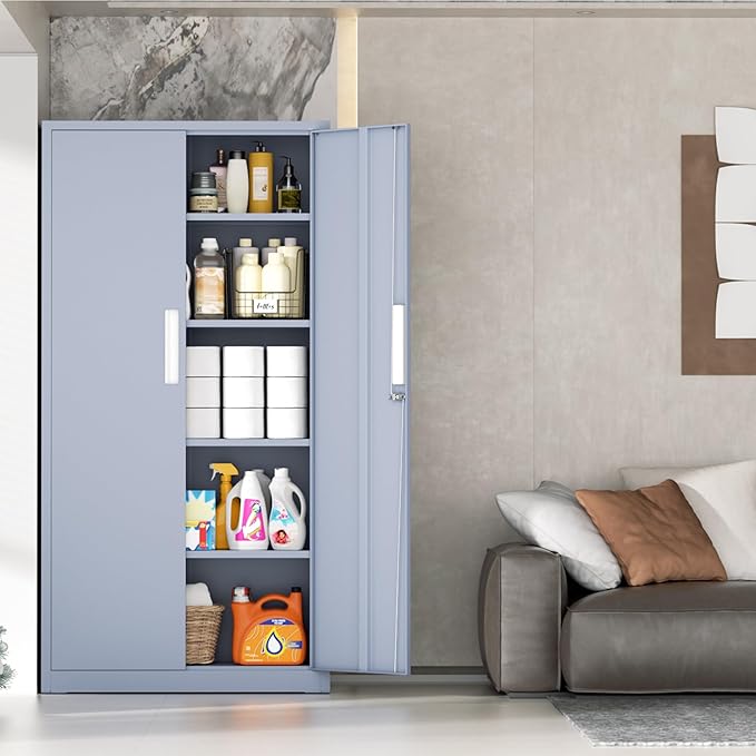 INTERGRAET 63" Pantry Cabinet, Kitchen Pantry Storage Cabinets with 2 Doors and 4 Shelves,Cement Gray Metal Storage Cabinet,Cupboard for Home,Kitchen,Living Room/Dining