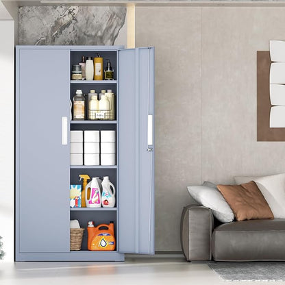 INTERGRAET 63" Pantry Cabinet, Kitchen Pantry Storage Cabinets with 2 Doors and 4 Shelves,Cement Gray Metal Storage Cabinet,Cupboard for Home,Kitchen,Living Room/Dining