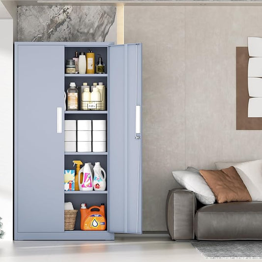 INTERGRAET 63" Pantry Cabinet, Kitchen Pantry Storage Cabinets with 2 Doors and 4 Shelves,Cement Gray Metal Storage Cabinet,Cupboard for Home,Kitchen,Living Room/Dining