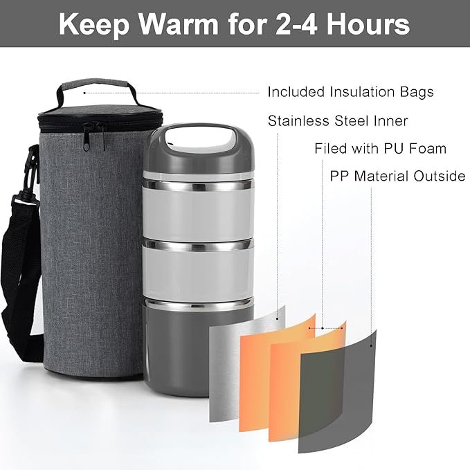 Lille Home 3-Layer Stainless Steel Lunch Box 1.43L- Leakproof, BPA-Free Insulated Bento Box for On-the-Go Meal Prep, Stackable Food Container for Women & Men