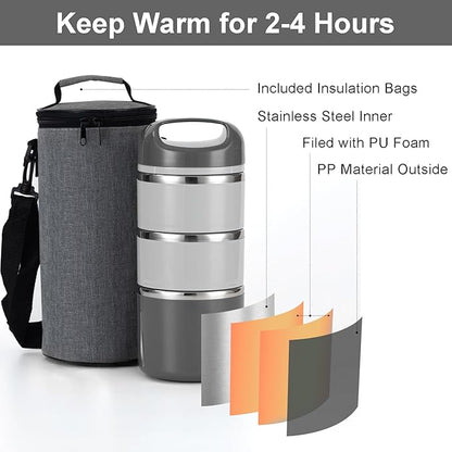 Lille Home 3-Layer Stainless Steel Lunch Box 1.43L- Leakproof, BPA-Free Insulated Bento Box for On-the-Go Meal Prep, Stackable Food Container for Women & Men