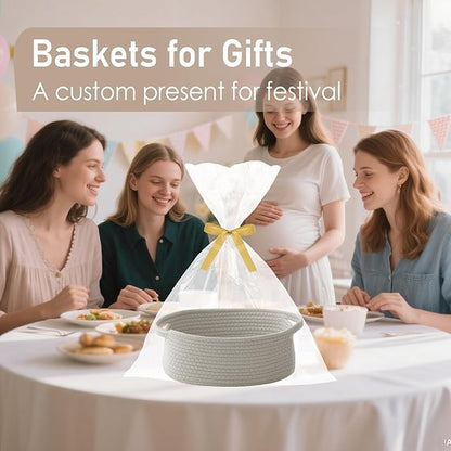 Woven Basket,Small Rope Storage Bin with Handles & Ribbon Bag, Organizer for Shelves Closets,Gift Basket Empty for Birthday,Books,Dog Toys, Grey/3 Pack
