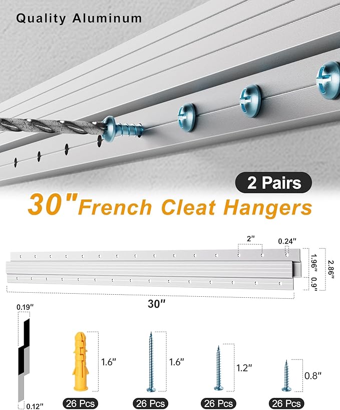 French Cleat 30 inch, 2 Pairs Heavy Duty Aluminum Z Clips/Bar Hanger Interlocking Wall Mounting Bracket Hardware Kit for Hanging Mirrors, Picture, Shelf, Headboard, Cabinet, Whiteboard, Art, Frames
