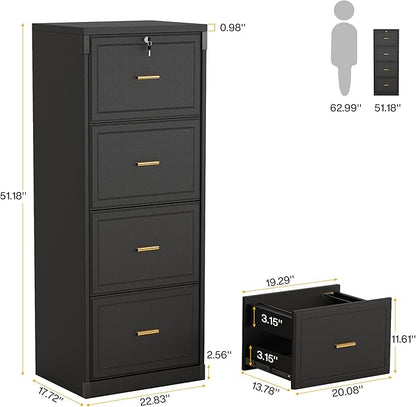 Tribesigns 4-Drawer File Cabinet with Lock, Locked File Cabinet with Key, Tall Wooden Filing Cabinets for Home Office, Vertical Office Storage for Legal Size/Letter/A4/Files, Black