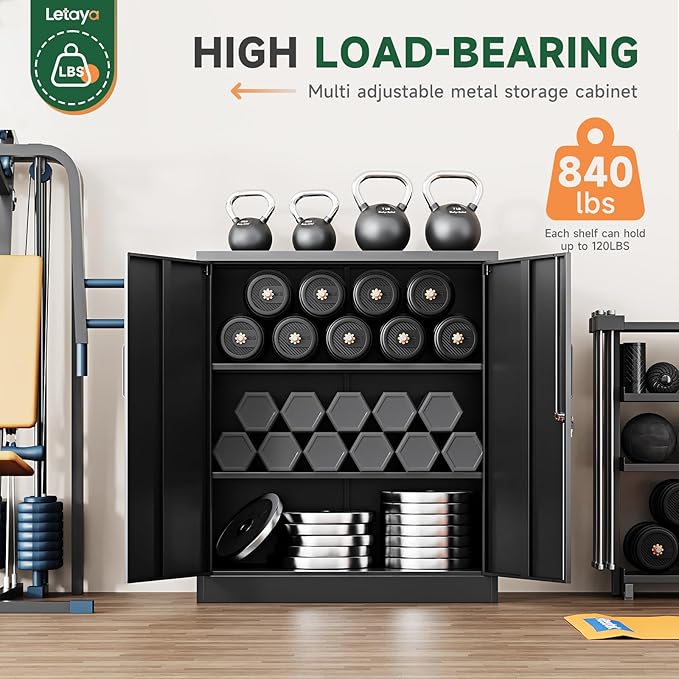 Letaya Metal Storage Cabinets with Lock, Small Locker Steel Cabinets, Adjustable Shelves 2 Doors for Home,Office, Warehouse,Garage(Black-36)