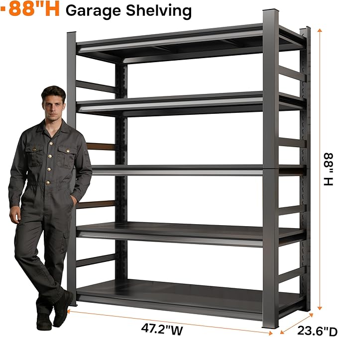 88" H Garage Shelves Heavy Duty 5-Tier, 48" W x 24" D Garage Shelving Unit, Adjustable Metal Storage Shelf with Guardrails, Rack for Garage, Basement, Pantry & Warehouse Storage, Black