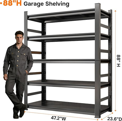 88" H Garage Shelves Heavy Duty 5-Tier, 48" W x 24" D Garage Shelving Unit, Adjustable Metal Storage Shelf with Guardrails, Rack for Garage, Basement, Pantry & Warehouse Storage, Black