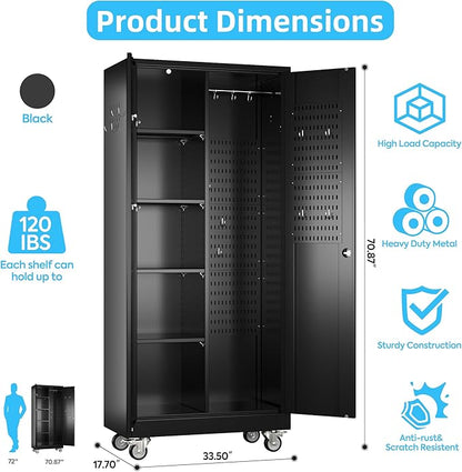 Broom Closet Storage Cabinet with Wheels, 5 Pegboard and 13 Hooks, Metal Garage Storage Cabinet with Doors and 4 Adjustable Shelves for Garage Home Bathroom, 17.7" D x 33.5" W x 70.87" H, Black