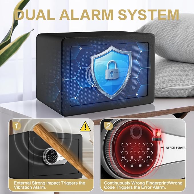0.6 Cubic Feet Biometric Safe, Fingerprint Safe W/Fireproof Bag, Removable Shelf, Alarm System, Digital Electronic Money Box for Cash, Document, Home, Hotel Use, Black, 9.84"D x 13.78"W x 9.84"H