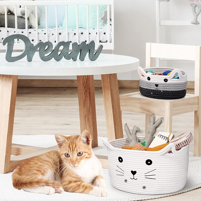 Zopeal Cat Basket Storage Woven Organizer with Ears Easter Decorative Gift Pet Toy Cute Cotton Rope Basket for Gift Cat Dog Toy Bin Nursery Room(13.7 x 7.8 Inch,White)
