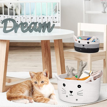 Zopeal Cat Basket Storage Woven Organizer with Ears Easter Decorative Gift Pet Toy Cute Cotton Rope Basket for Gift Cat Dog Toy Bin Nursery Room(13.7 x 7.8 Inch,White)