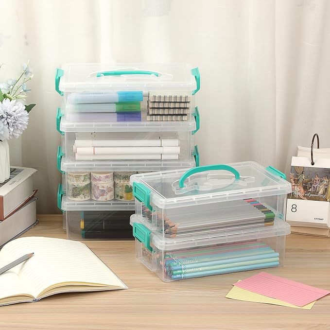 BTSKY 6-Pack Large Stackable Pencil Boxes with Handles, Transparent Pencil Case with Latching Lids & Clasp, Plastic Pencil Box Stationery Organizer Box Ideal for Craft Pen Art Office Supply, Green