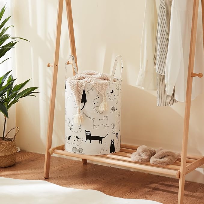 Baby Laundry Basket with Long Handles, 63L Collapsible Kids Laundry Hamper, Toy Storage Basket for Nursery, Bedroom Decor for Girls and Boys (Cartoon Cat)