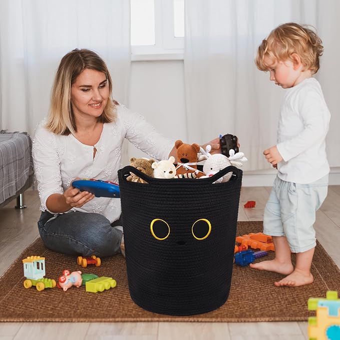 Tall Black Cat Laundry Basket for Nursery, Cute Large Woven Cotton Rope Blanket Storage Basket, Baby 0rganize Blanket Shower Hamper Box with Handles, 53L Clothes Bins, 15"D×18.1"H