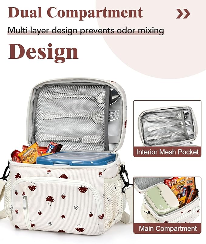 Insulated Lunch Bag for Men & Women, 9L Leakproof Lunch Box Soft Cooler Tote with 5 Pockets, 600D Oxford, EVA Lining, Adjustable Strap for Work, Picnic, Beach&Travel-Corduroy Mushroom