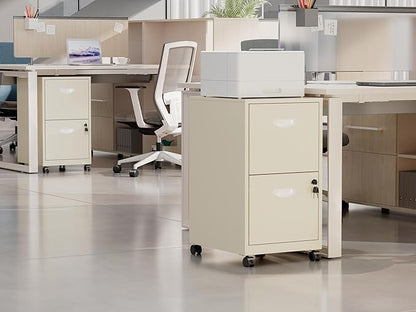 2 Drawer File Cabinet on Wheels, Mobile Two Drawer Filing Cabinet, Small Rolling Files Cabinets for Under Desk, Metal Filing Cabinets for Letter Size Folders, Cream - Assembly Required