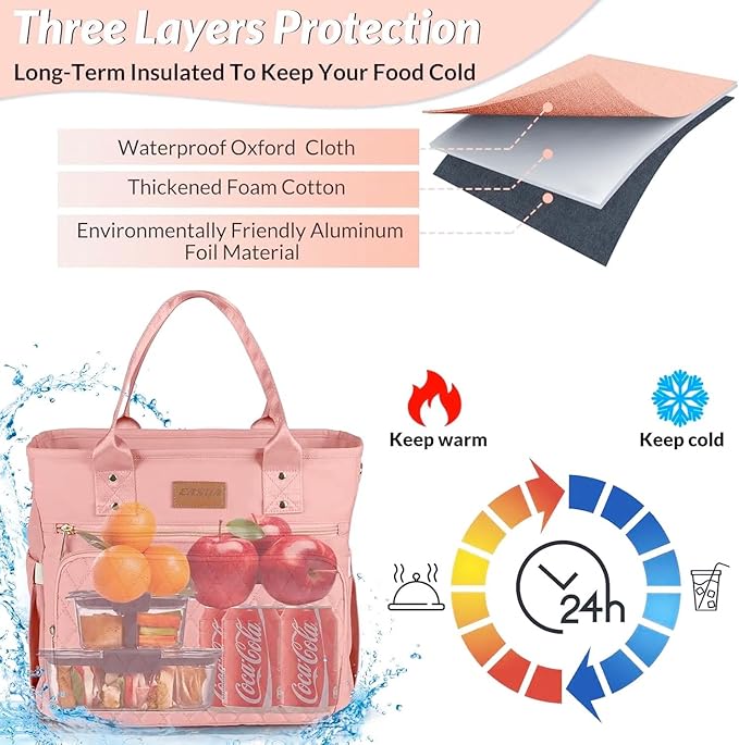 EASYA Large Women Lunch Bags for Work Insulated/Insulated Adult Lunch Box for Womens/Nylon Thermal Lunch Bag for Women/Cooler Lunch Tote Bag (Newly upgraded shimmering blush pink)