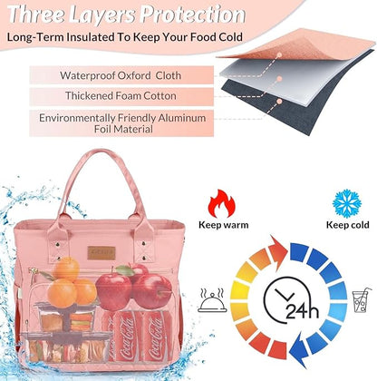 EASYA Large Women Lunch Bags for Work Insulated/Insulated Adult Lunch Box for Womens/Nylon Thermal Lunch Bag for Women/Cooler Lunch Tote Bag (Newly upgraded shimmering blush pink)