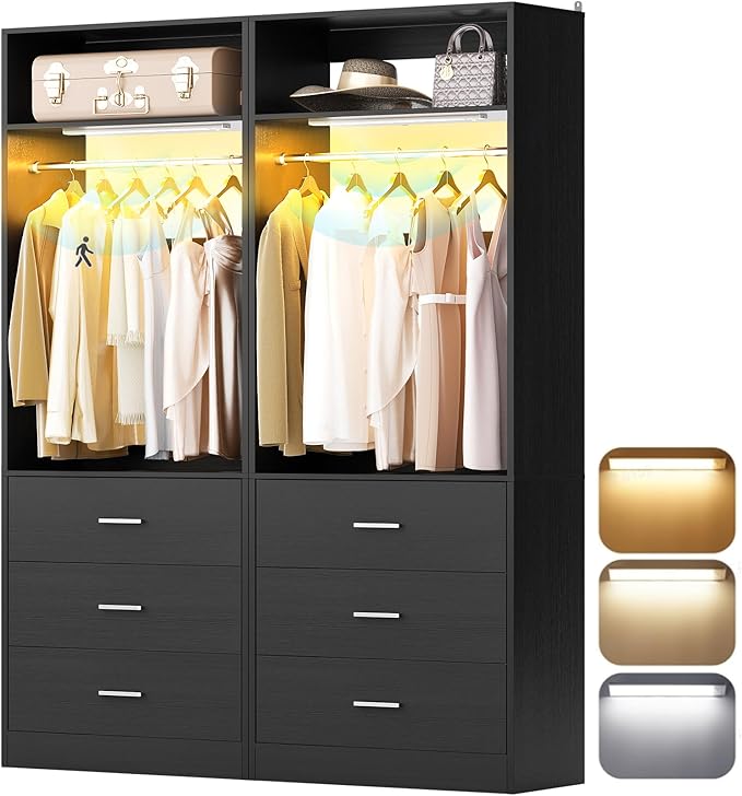 4FT Closet System with 2 Motion Sensor LED Lights, 48" Closet Systems with 6 Drawers, Closet Organizer System with 2 Hanging Rods & 2 Shelves, Heavy Duty 48 Inch Walk-in Closet, Black
