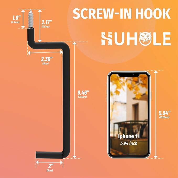 HUHOLE Heavy Duty Ladder Hooks for Garage Wall (4 Pack) – Screw-in Utility Hangers with Vinyl Coating – 8.46 Inch Wall Mount Storage Brackets for Hanging Ladders, Chairs