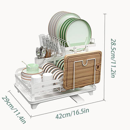 2 Tier Dish Drying Rack Automatic Drainage Board Space-Saving for Kitchen Counter with Cups Holder