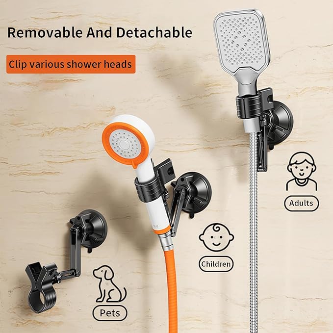 Adjustable Shower Head Holder, Strong Suction Cup Handheld Shower Wand Holder with 360° Rotation & Telescopic Arm,Wall Mount for RV/Bathroom, No Drill Adhesive Free Showerhead Mount Hanger