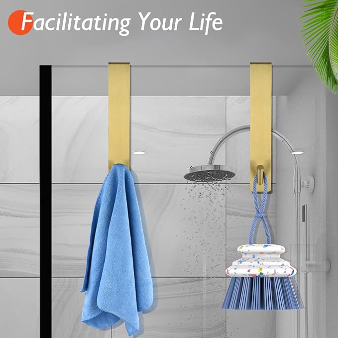 Shower Door Hooks(10 Inch),Extended Over Door Hooks for Bathroom Frameless Glass Shower Door,Stainless Steel Towel Hooks,Heavy Duty Rack Hooks for Robe,Towel-2 Pack-Gold