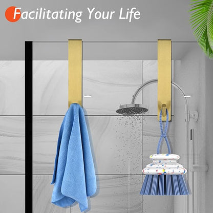 Shower Door Hooks(10 Inch),Extended Over Door Hooks for Bathroom Frameless Glass Shower Door,Stainless Steel Towel Hooks,Heavy Duty Rack Hooks for Robe,Towel-2 Pack-Gold