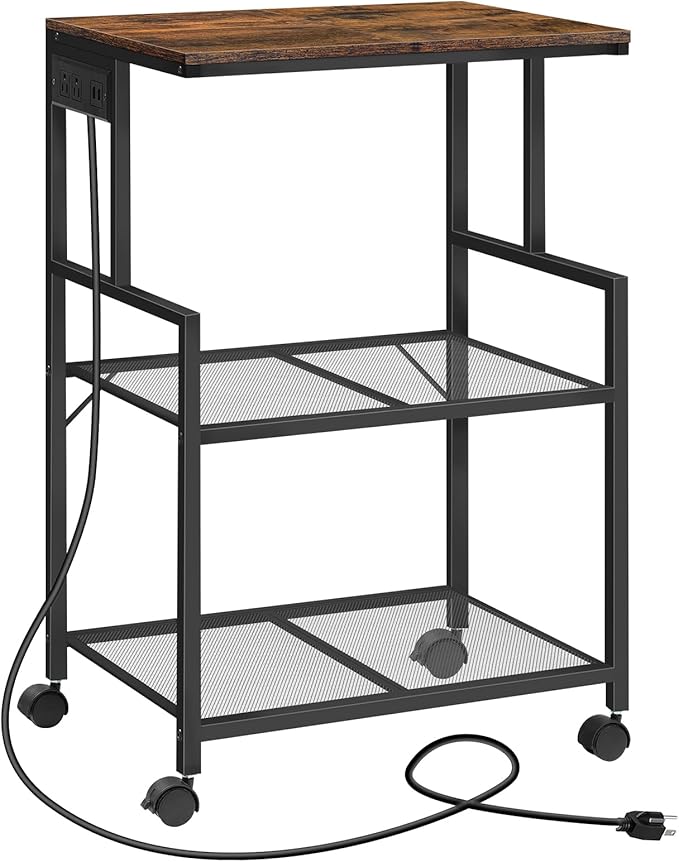 Mobile Printer Stand, 3-Tier Industrial Printer Cart with Power Outlets and 2 USB Ports, Rolling Printer Table on Wheels for Home Offices Kitchen Organization Rack, Rustic Brown PTHR78E01