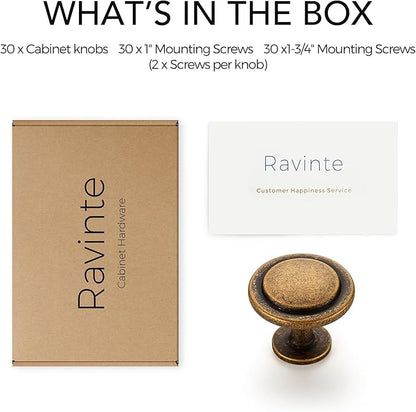 Ravinte 30 Pack 1-1/4 Inch Kitchen Cabinet Knobs Antique Brass Zinc Pulls Door Handles for Dresser Drawers
