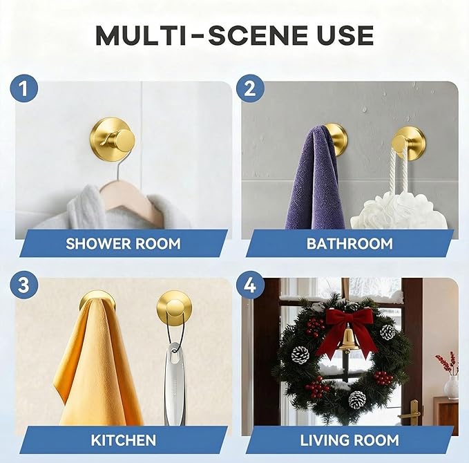 Suction Cup Hooks for Shower, Bathroom,Glass Windows,Tile – Towel, Loofah, No-Drill Wreath Hanger for Front Door Waterproof Hook Hold (Gold)