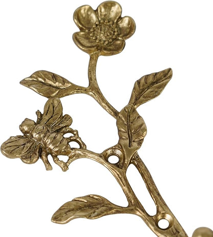 SOFFEE DESIGN 2pcs Metal Dark Gold Coat Hooks with 3D Bee & Flowers Shape, for Entryway, Bathroom, Bedroom Farmhouse Decoration