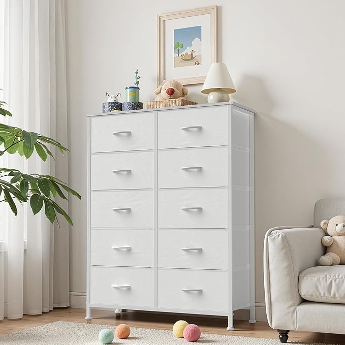 Sweetcrispy 10 Drawer Fabric Dresser Storage Tower with Bins, Tall Chest Organizer for Bedroom Closet Hallway, Steel Frame Wood Top Easy Pull Handles,White