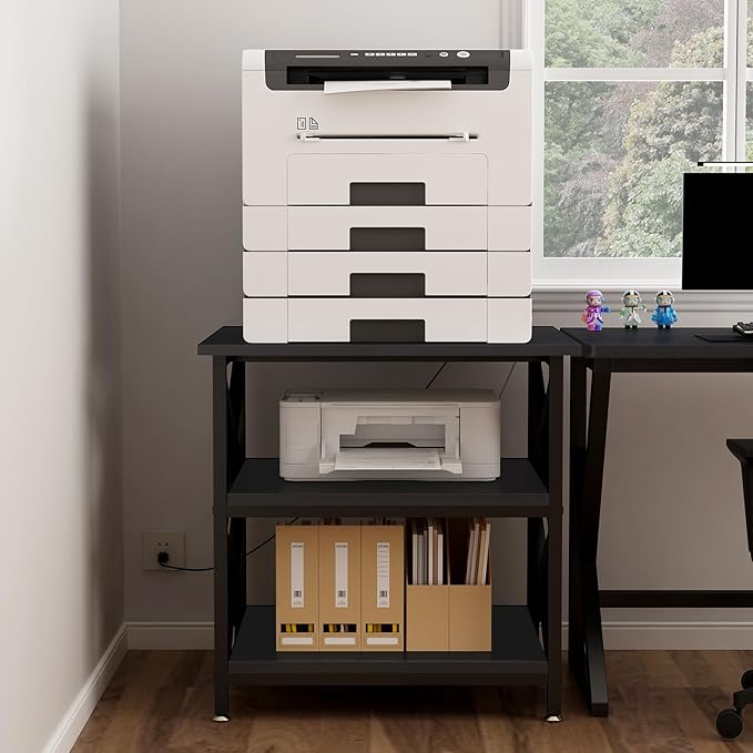 Large Printer Stand with Power Outlet, with Height Adjustable Storage Shelf, 3 Tier Rolling Printer Cart with Industrial Wheels, 23.6 x 23.6 Inches Printer Table for Home Office,Black