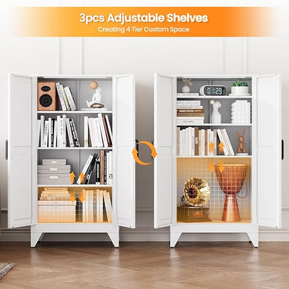 Metal White Storage Cabinet with 2 Doors and 3 Adjustable Shelve,47.3" Tall Kitchen Pantry cabinets,Farmhouse Food Pantry Cabinet,4 Tier Freestanding Barn Door Cupboard for Kitchen Dining/Living Room