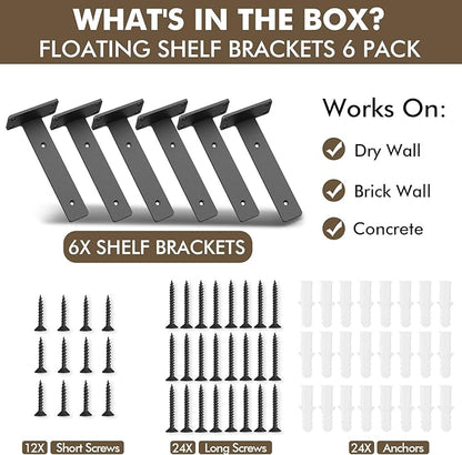 6 Pack Heavy Duty Shelf Brackets 8 inch, Floating Shelf Brackets(1/5”-Thick), L-Shaped Wall Shelf Bracket Hidden Shelf Bracket Black（8inch-6pack）