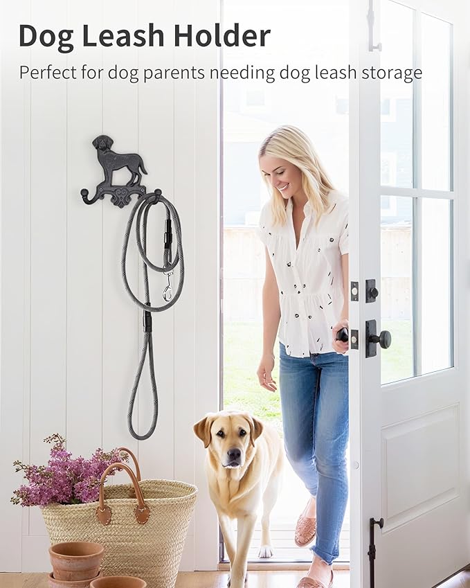 Cast Iron Dog Wall Hooks for Hanging, Heavy Duty Dog Leash Holder for Wall Mount Coat Hooks Decorative Key Hanger Vintage Farmhouse Entryway Cute Animal Decor Rustic Black 2 Pack