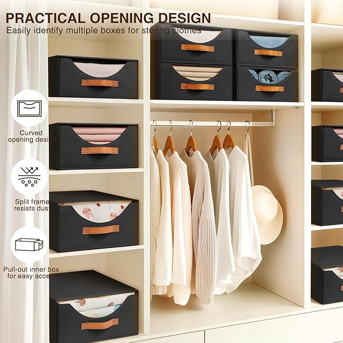 Stackable Storage Drawers - Large Collapsible Storage Bins with Drawers, 6 Pack Closet Shelf Organizer Basket, Fabric Pull Out Organizer for Bedroom, Living Room, Dorm, Black