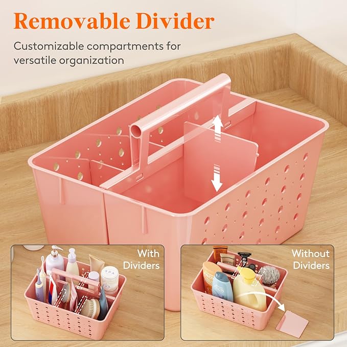 Lifewit Shower Caddy Portable, Plastic Bathroom Organizer with Handle and Holes, Hard Cleaning Basket for Toiletry Storage, College Dorm Essentials, Pink, 1 Pack