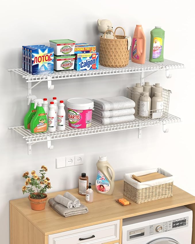 2 Pack Closet Shelves with Triangular Brackets and Hanging Rod, 4FT X 12IN Wall Mounted Wire Shelving Orgnizer for Closet,Laundry Room,Pantry,Load Up to 150lb, White