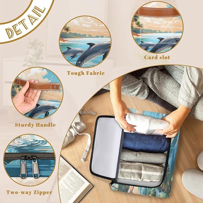 Ocean Beach Dolphin Storage Bins with Zipper Lid, Collapsible Fabric Storage Basket with Leather Handles Closet Shelf Cloth Organizer Basket for Nursery Bedroom Clothes Toy