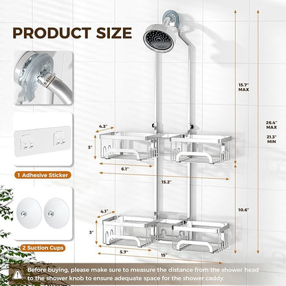 REINHARDT Adjustable Shower Caddy Hanging Split Shower Caddy for Handheld Showerheads, Rustproof Shower Organizer with Hooks for Razor Over the Head Caddy with Soap Holder Bathroom Accessories, Silver
